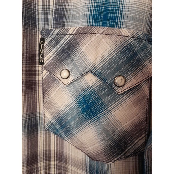 Cinch Mens XXL Modern Fit Western Shirt Teal Gray Plaid Saw Tooth Pockets -Snaps - Picture 2 of 12